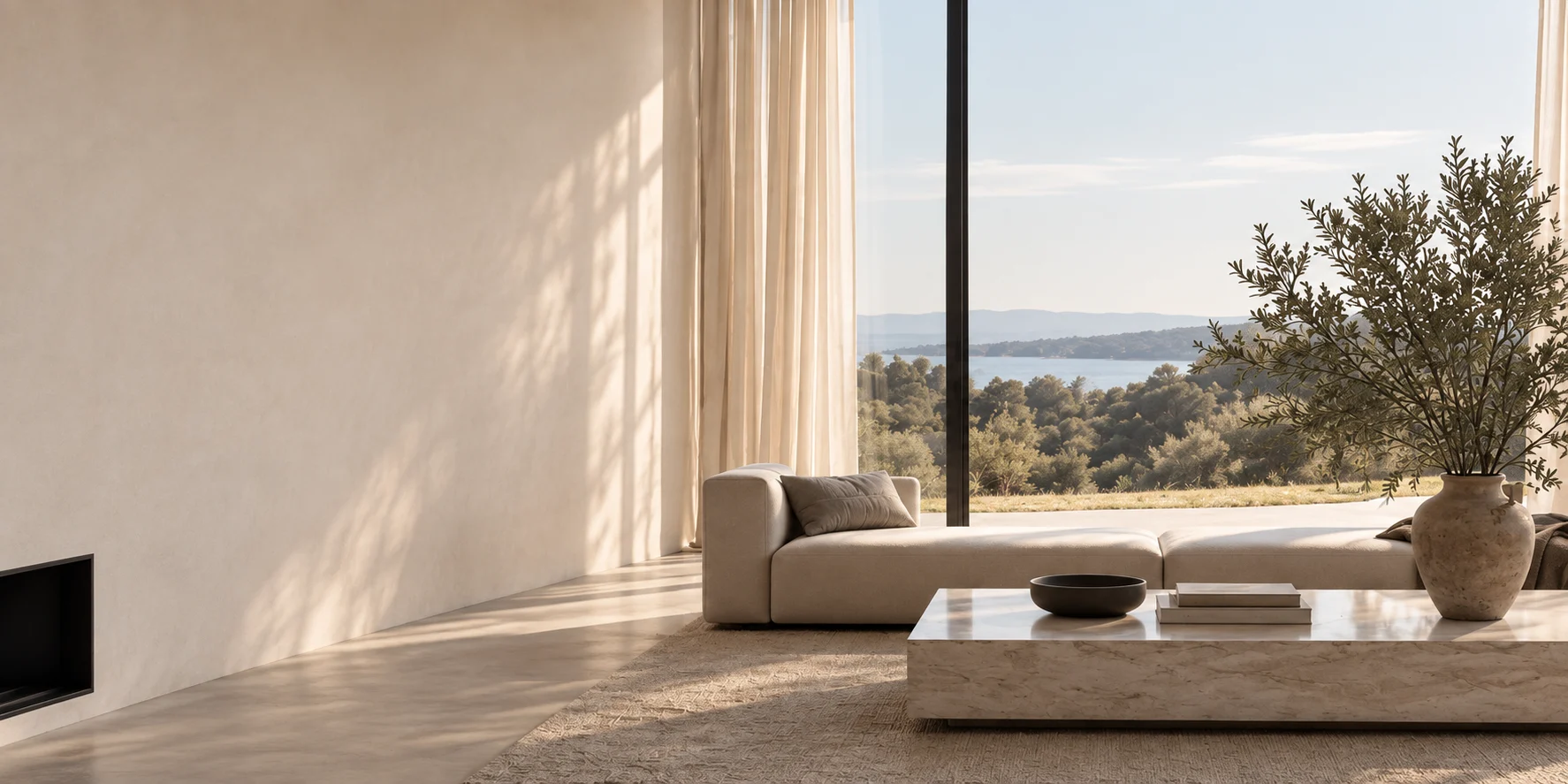 A warm, light-filled interior with simple furnishings and natural materials