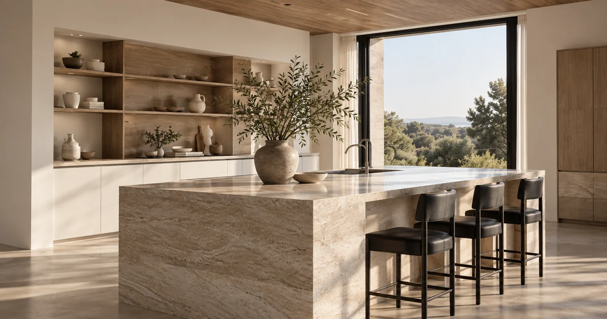 Illustrative prepared kitchen with a stone island and warm natural light